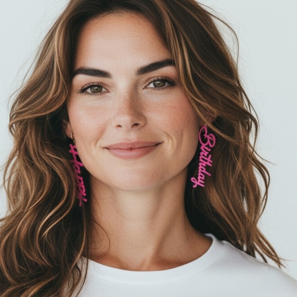 Playful Pink 'Happy' & 'Birthday' Script Drop Earrings - Women Jewelry Earrings - Picture 2 of 2